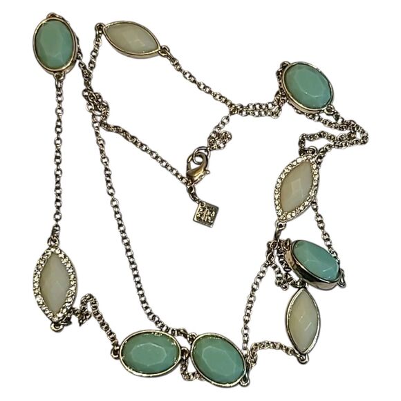 Banana Republic Gold Tone Mint Green & Beige Acrylic Station Necklace 32" - Picture 4 of 7